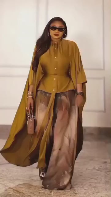 UMUNDE Mustard Gold Cape Top & Abstract Print Wide-Leg Pants – Elegant African Women’s Two-Piece Set