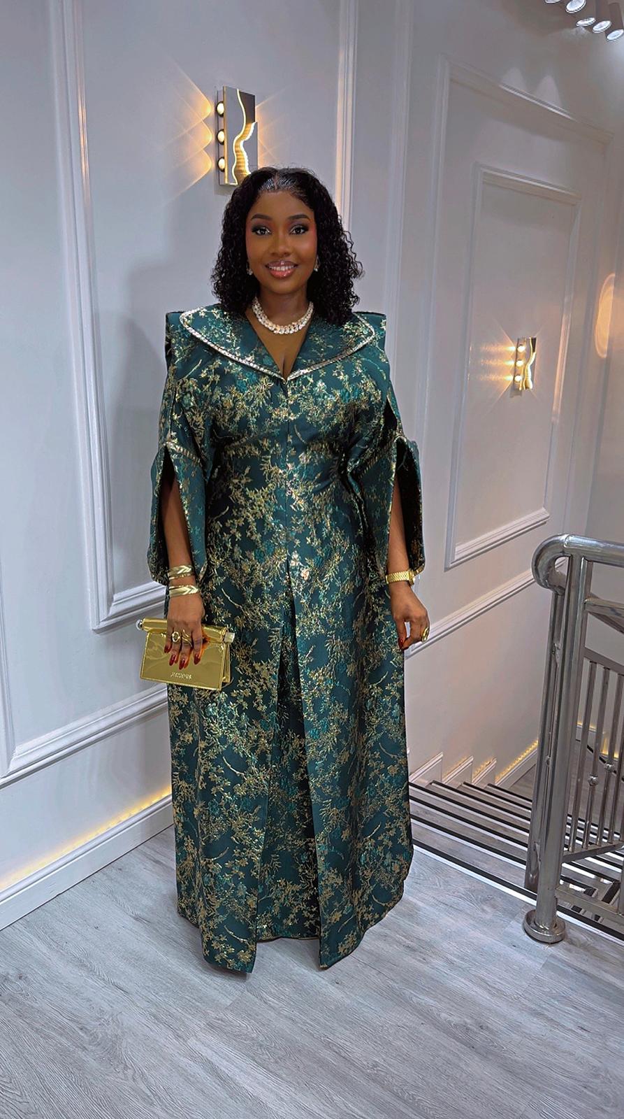 UMUNDE Luxury Brocade Cape Bubu – Emerald Green & Metallic Gold Floral Jacquard Free Size African Kaftan Maxi Dress with Statement Collar