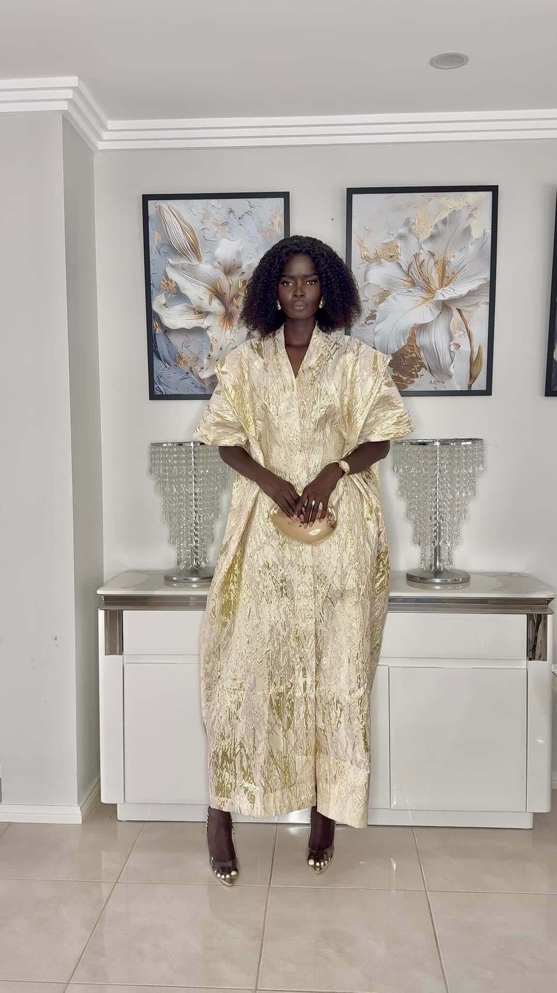 White and gold stripes African Damask Bubu Boubou elegant event dress with headpiece and belts