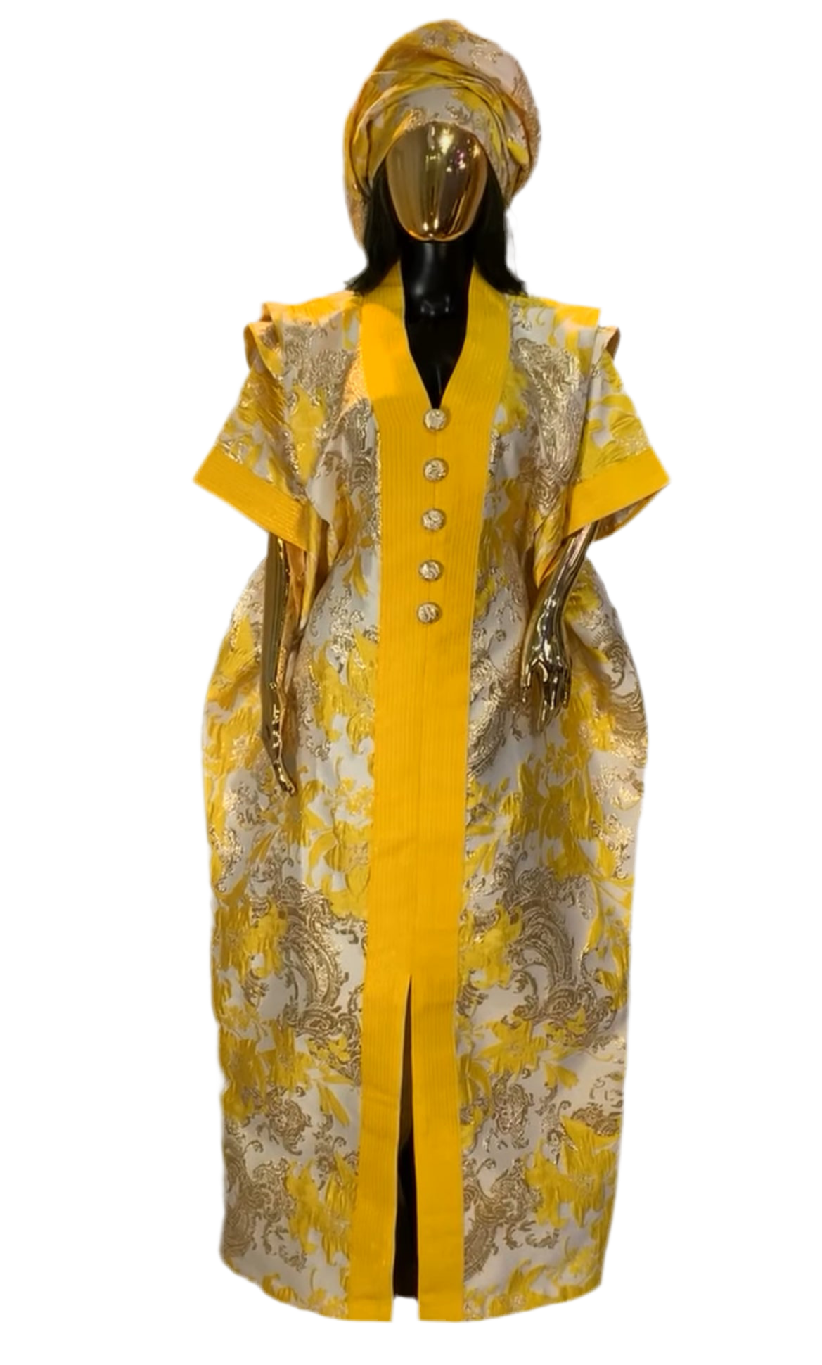 Yellow Floral and Gold Mix African Damask Bubu Boubou elegant event dress with headpiece and belts