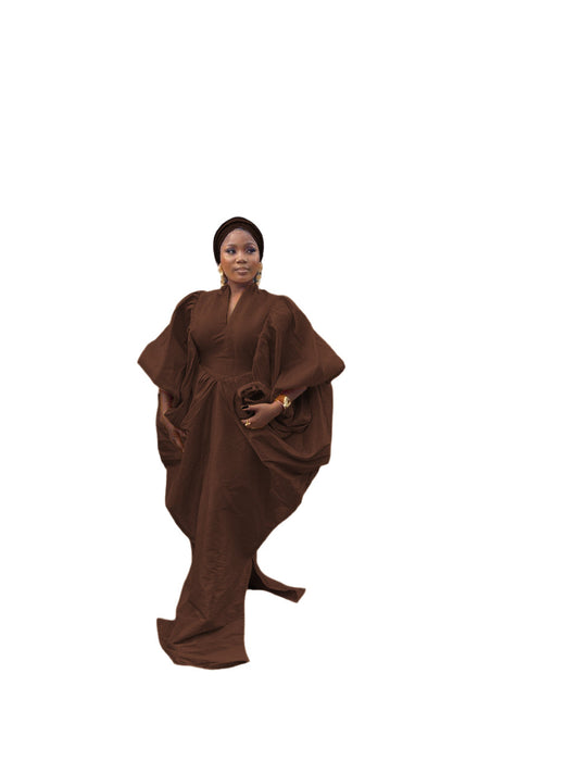 Chocolate brown raw silk fabric bubu boubou dress with turban and pleated sides