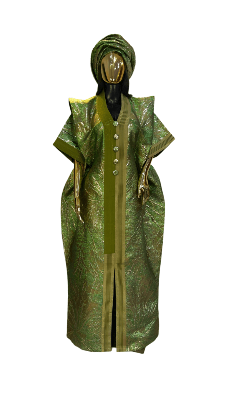 Green and Gold African Damask Bubu Boubou elegant event dress with matching headpiece