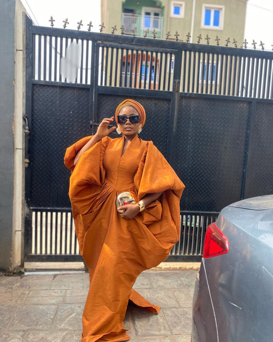 Canadian Copper Raw Silk fabric Bubu Boubou dress with turban and pleated sides