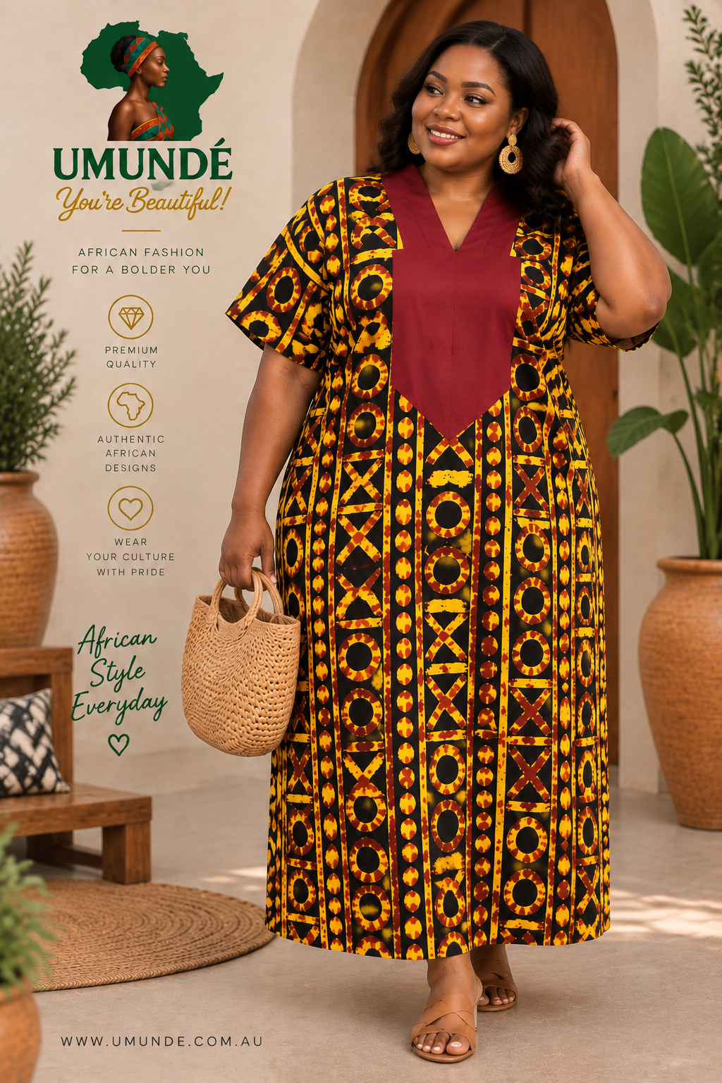 Olakunmi Black Ankara Bubu African Clothing Free Size Women’s Size 4 to 24 | Black African Print Maxi Dress with Burgundy Detail
