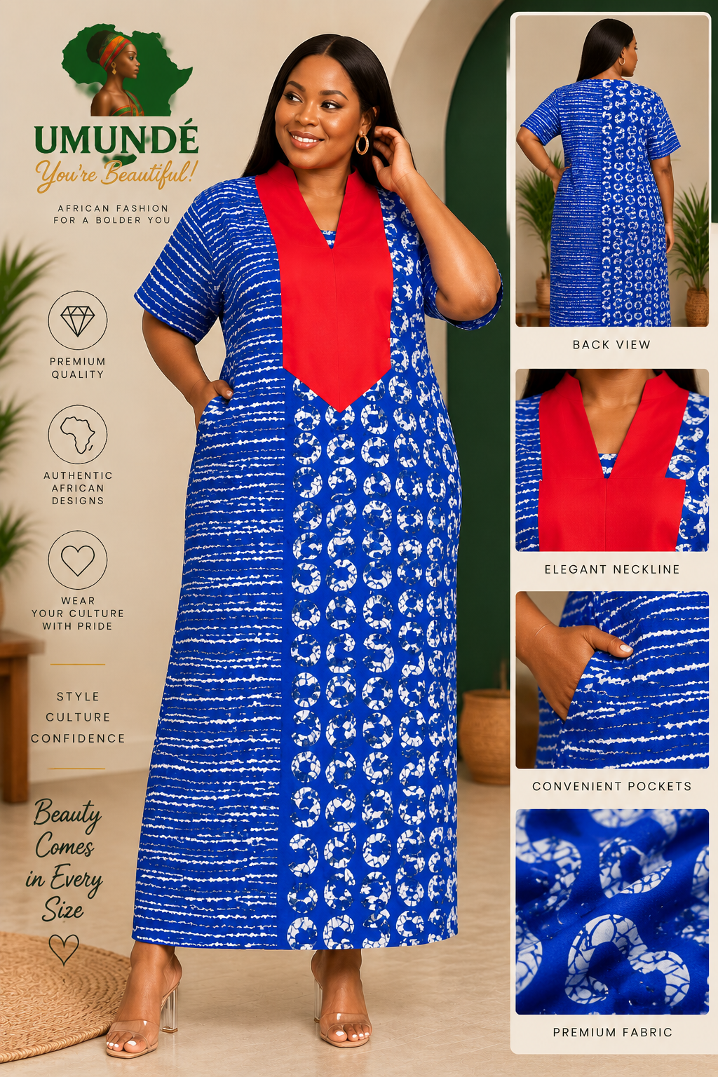 Olakunmi Blue Ankara Bubu African Clothing Free Size Women’s Size 4 to 24 | Blue African Print Maxi Dress with Red Detail