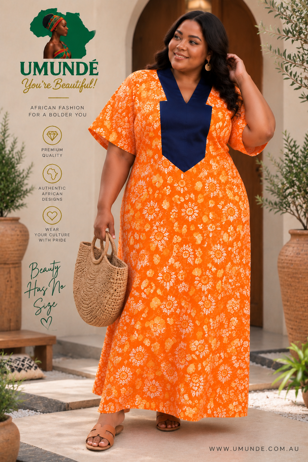 Olakunmi Orange Ankara Bubu African Clothing Free Size Women’s Size 4 to 24 | African Print Maxi Dress with Navy Blue Detail