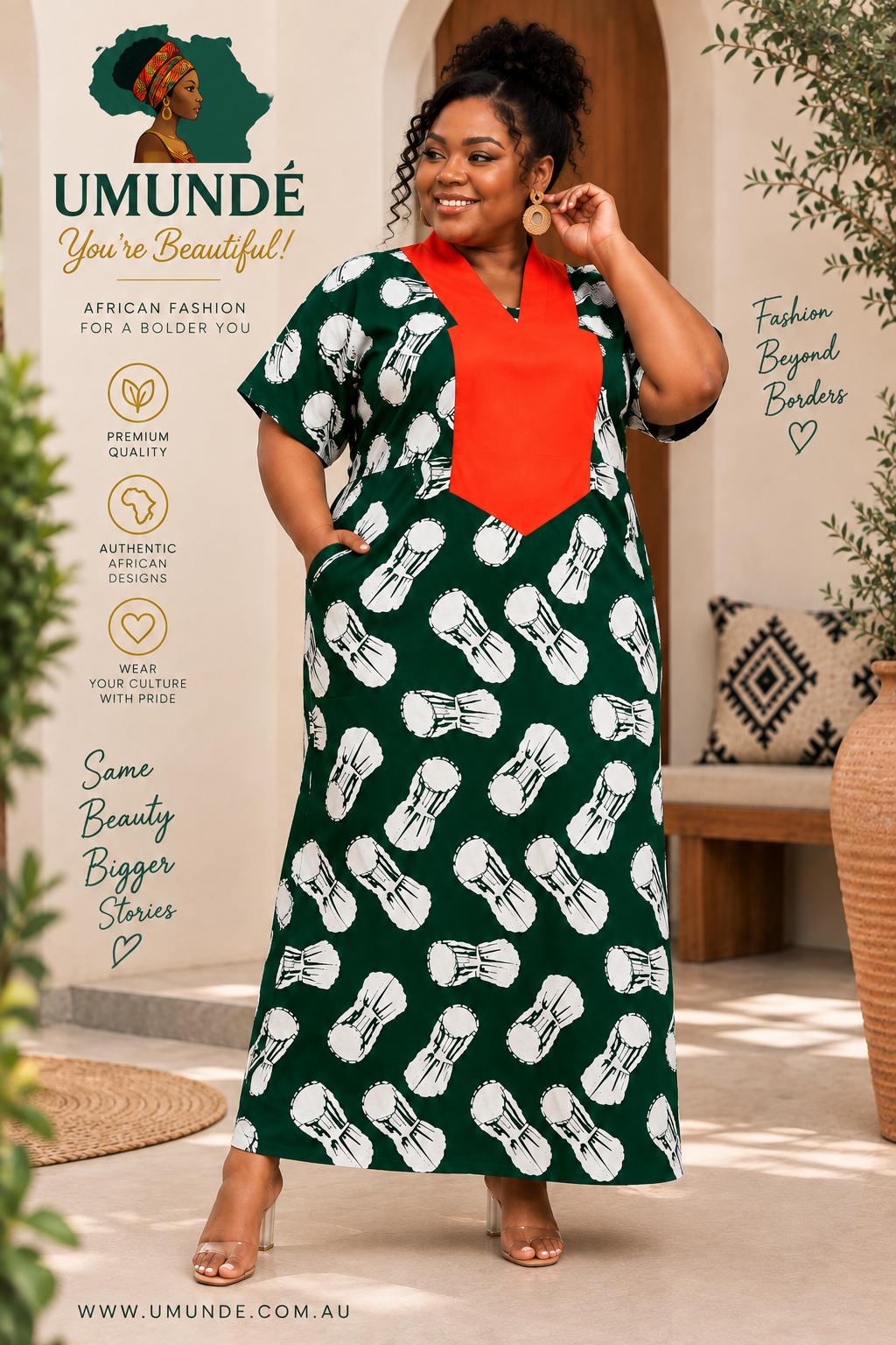 Olakunmi Green Ankara Bubu African Clothing Free Size Women’s Size 4 to 24 | Green African Print Maxi Dress with Orange Detail