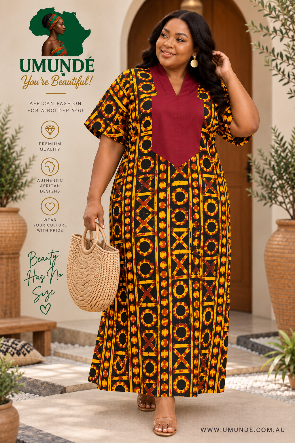 Olakunmi Black Ankara Bubu African Clothing Free Size Women’s Size 4 to 24 | Black African Print Maxi Dress with Burgundy Detail