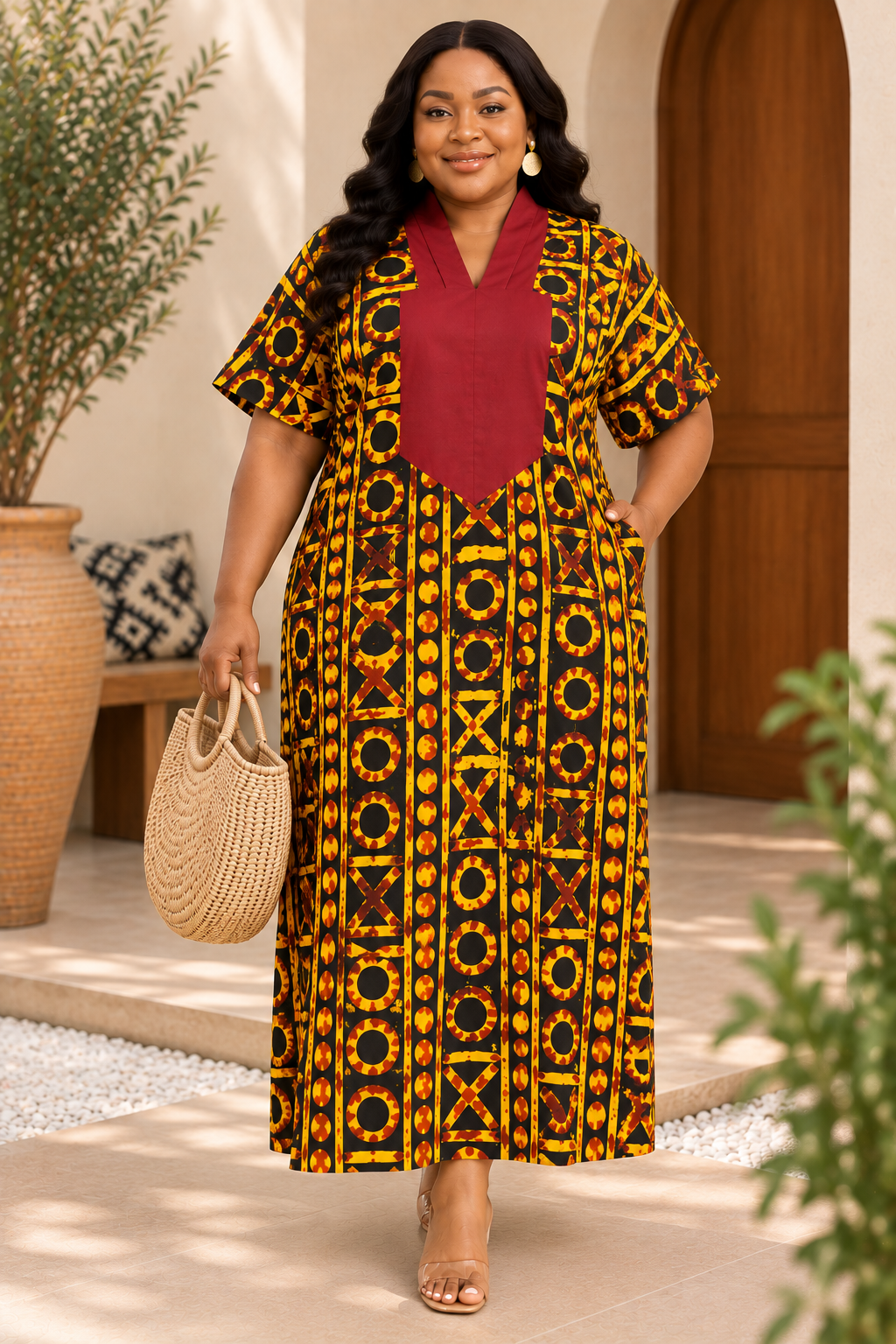 Olakunmi Black Ankara Bubu African Clothing Free Size Women’s Size 4 to 24 | Black African Print Maxi Dress with Burgundy Detail