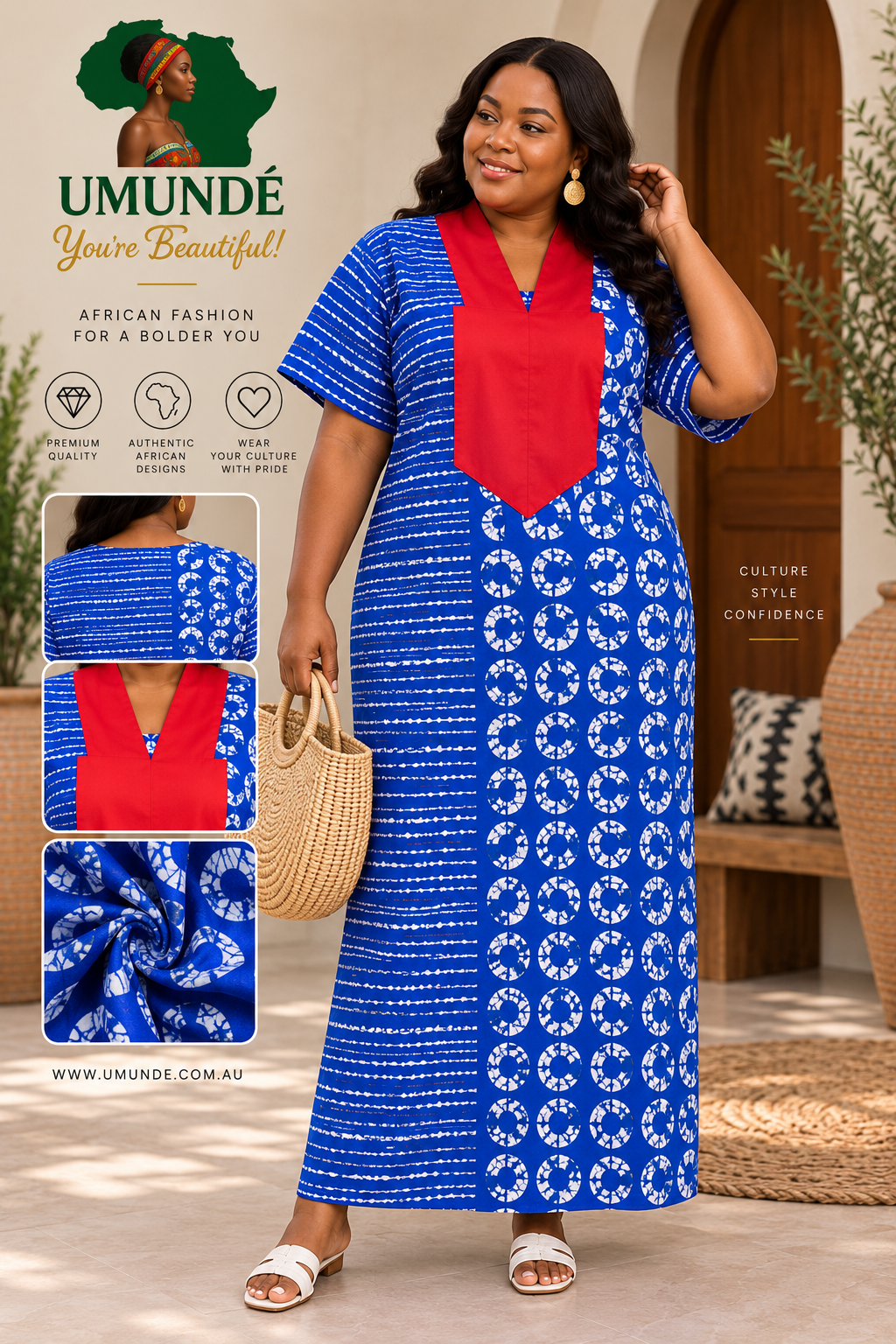 Olakunmi Blue Ankara Bubu African Clothing Free Size Women’s Size 4 to 24 | Blue African Print Maxi Dress with Red Detail