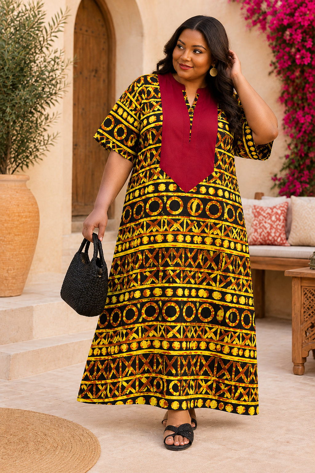 Women’s Plus Size Yellow & Black Printed Maxi Dress | Burgundy V Neck Long Kaftan Style Dress | Tribal Pattern Casual Dress | Free Size Australia 8-22