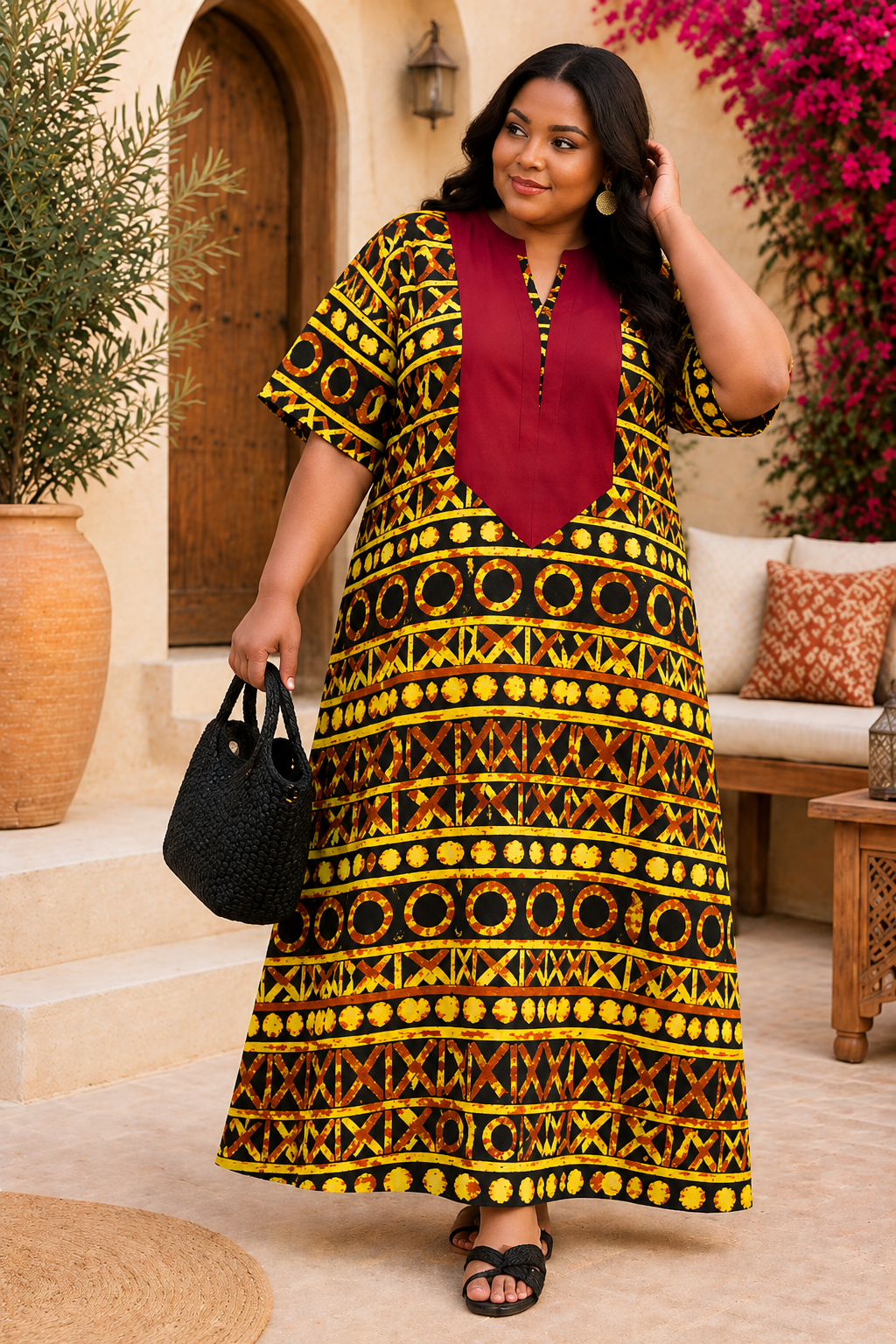 Women’s Plus Size Yellow & Black Printed Maxi Dress | Burgundy V Neck Long Kaftan Style Dress | Tribal Pattern Casual Dress | Free Size Australia 8-22
