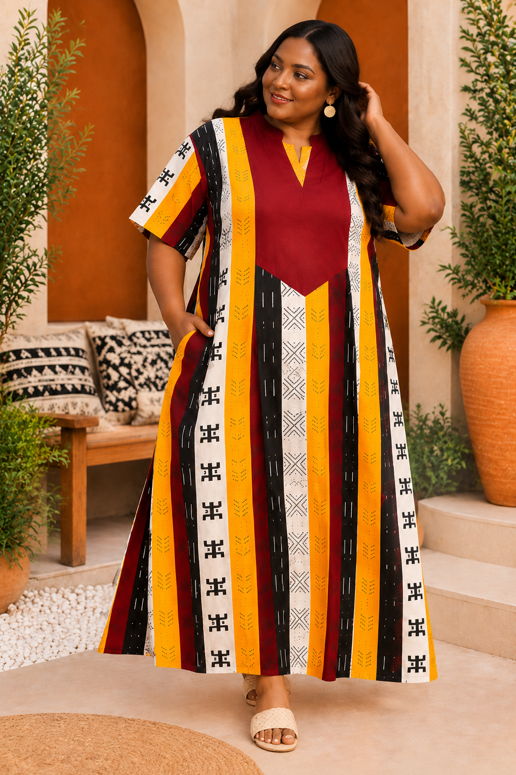 Women’s Plus Size Printed Maxi Dress | Burgundy Multi Colour Long Kaftan Style Dress | Casual Loose Fit Summer Dress | Free Size Australia 8-22