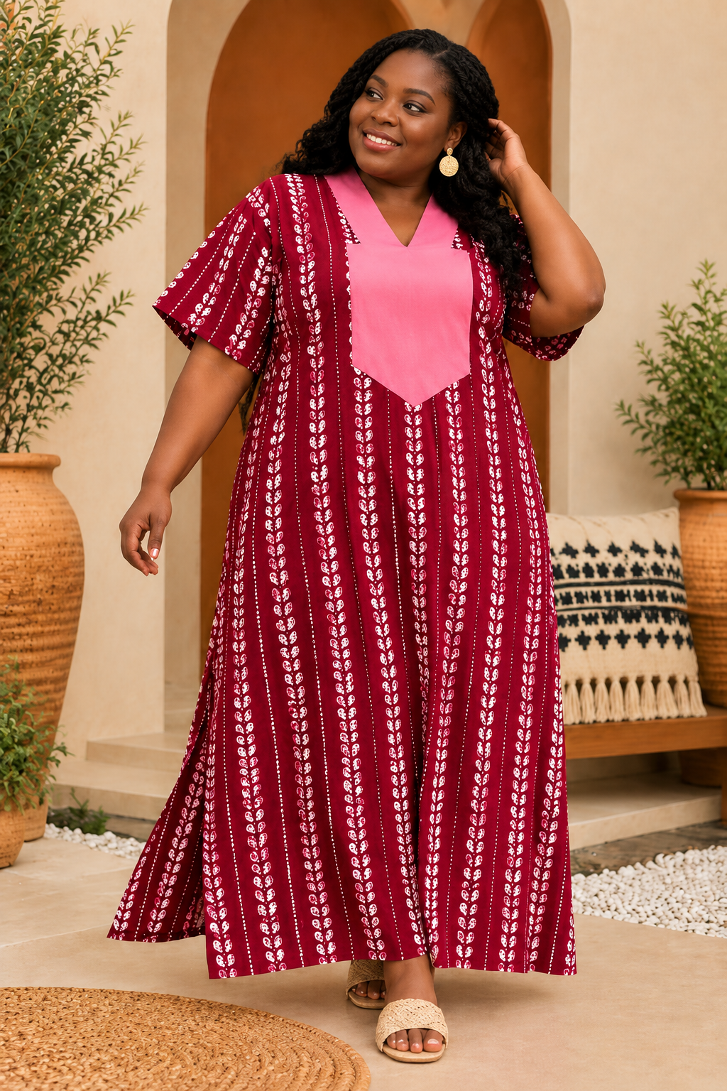 Women’s Plus Size Burgundy Printed Maxi Dress | V Neck Casual Long Dress | Loose Fit Summer Dress for Curvy Women | Free Size Australia 8-22