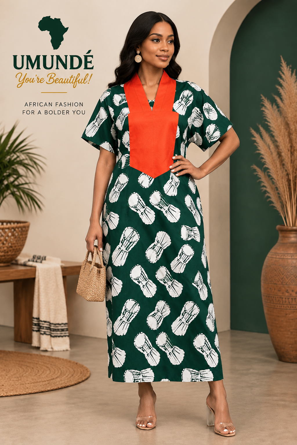 Olakunmi Green Ankara Bubu African Clothing Free Size Women’s Size 4 to 24 | Green African Print Maxi Dress with Orange Detail