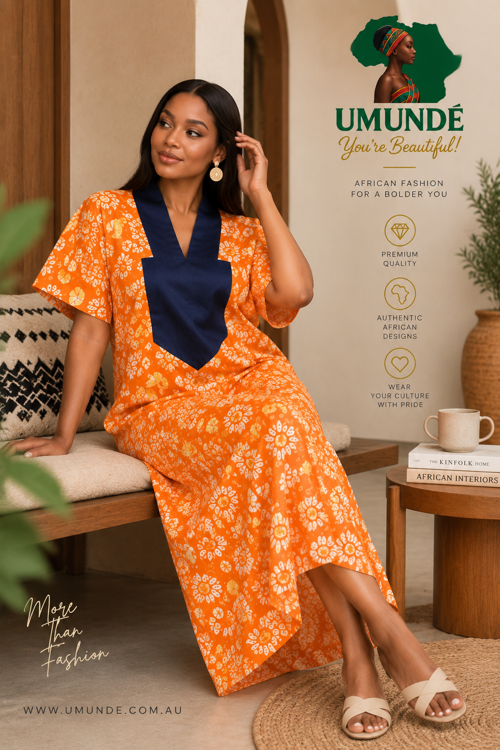 Olakunmi Orange Ankara Bubu African Clothing Free Size Women’s Size 4 to 24 | African Print Maxi Dress with Navy Blue Detail