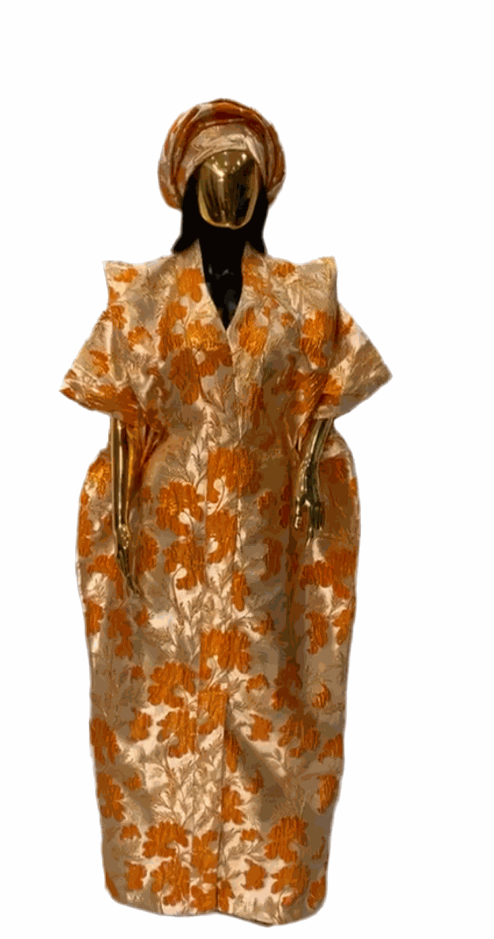 Elegant Orange African Damask Brocade Bubu Boubou event dress with matching headpiece