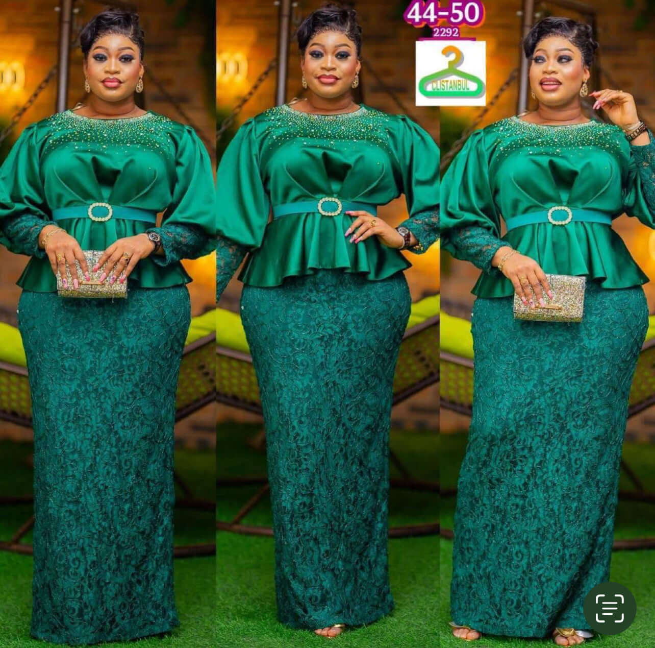 Dark green fancy top with long pencil skirt for elegant gala event