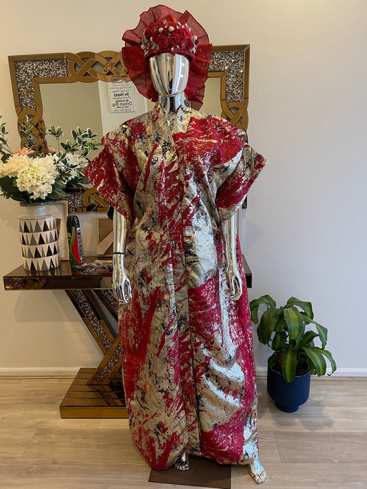 Red Silver & Gold African Damask Brocade Bubu Boubou Elegant Event Dress with belts