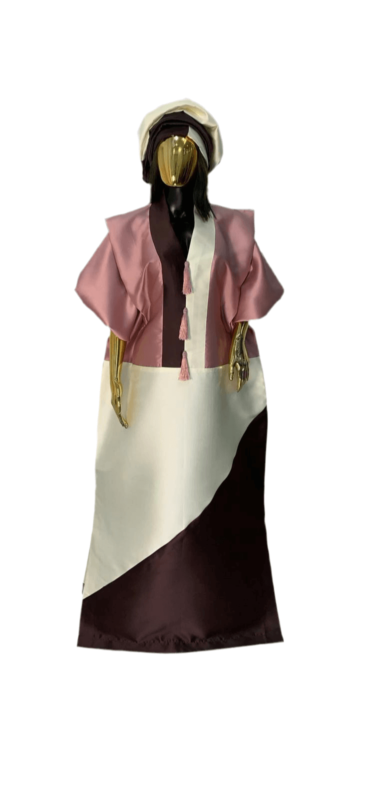 Blush pink, white, and chocolate brown satin African damask Bubu Boubou dress with headpiece and adjustable belts