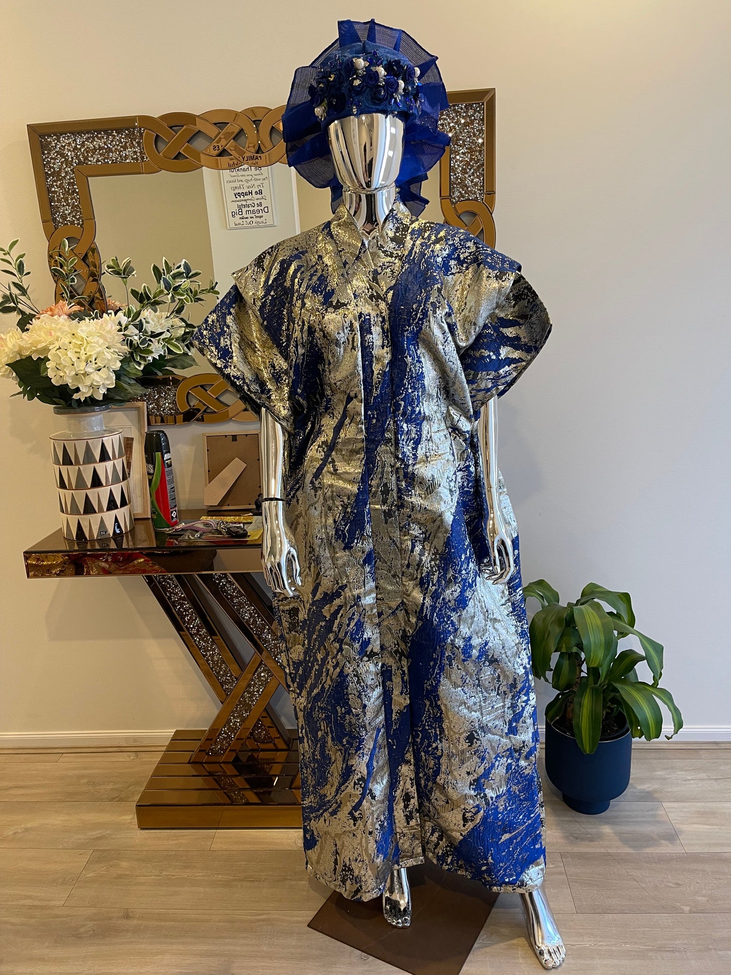 Royal Blue Silver Gold African Damask Brocade Bubu Boubou Elegant Event Dress