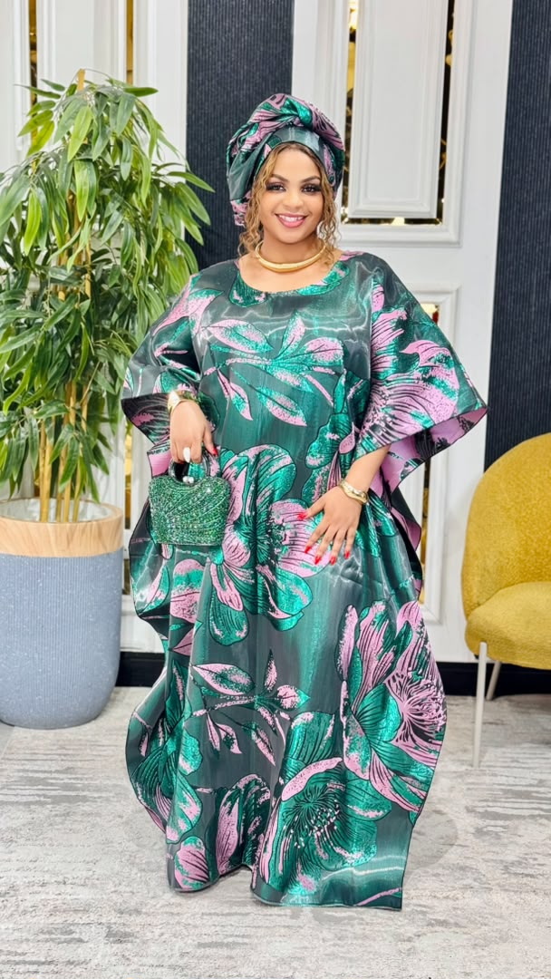 Luxury Brocade Bubu Dress – Emerald Green & Pink Brocade Liquid Mikado With Headwrap