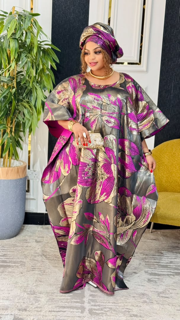 Luxury Brocade Bubu Dress – Grey & Pink Brocade Liquid Mikado With Headwrap