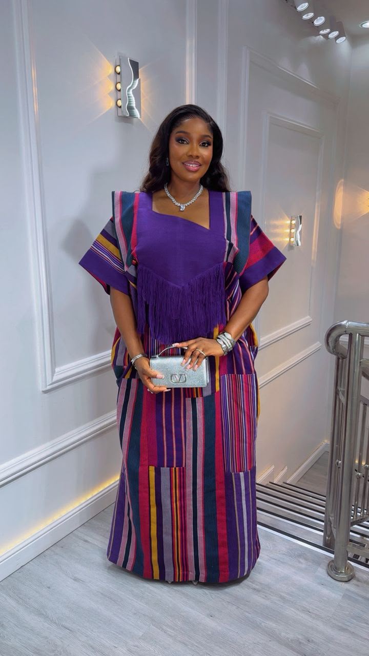 Luxury Aso Oke Bubu Dress – Purple Multicolor Free Size Traditional Outfit With Waist Belt
