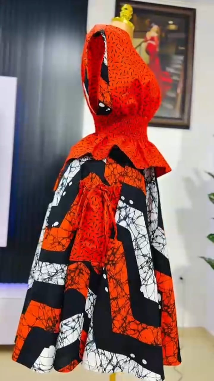 Luxury Orange, Black & White African Print Peplum Top and Maxi Skirt Set