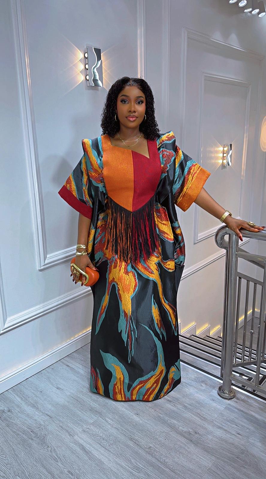 UMUNDE Briocade Damask Bubus – Luxury Black, Orange & Red Abstract Print Free Size African Bubu Kaftan Maxi Dress with Fringe Detail