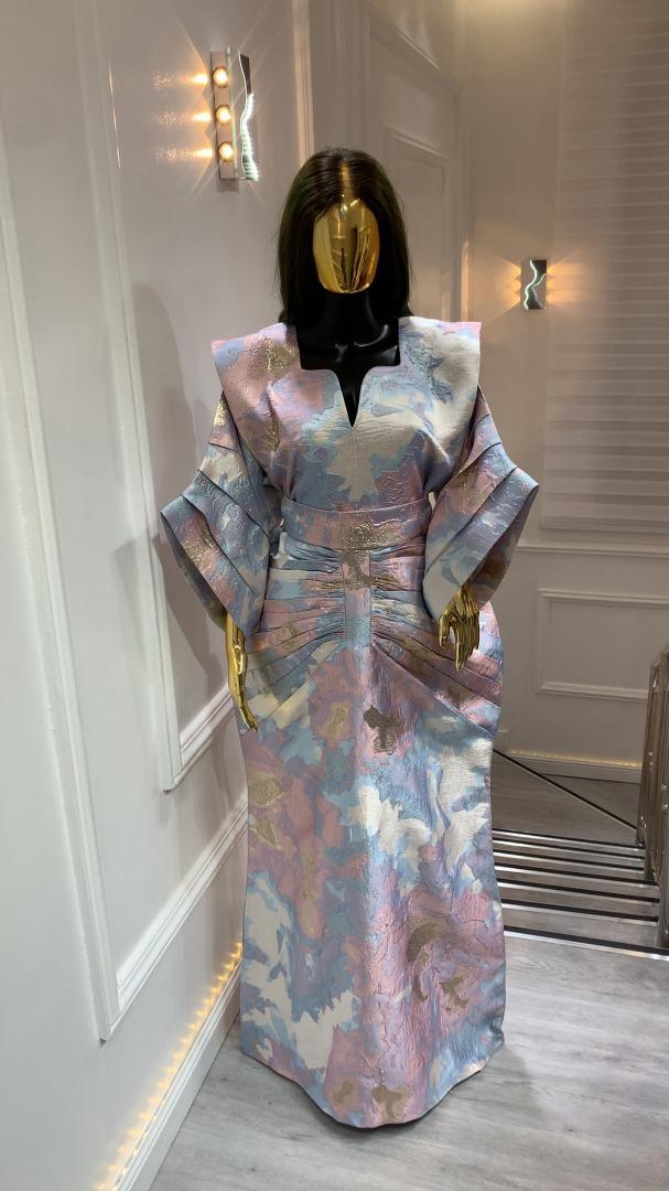 UMUNDE Briocade Damask Bubus – Luxury Pastel Pink, Blue & Silver Floral Free Size African Bubu Kaftan Maxi Dress with Ruched Detail