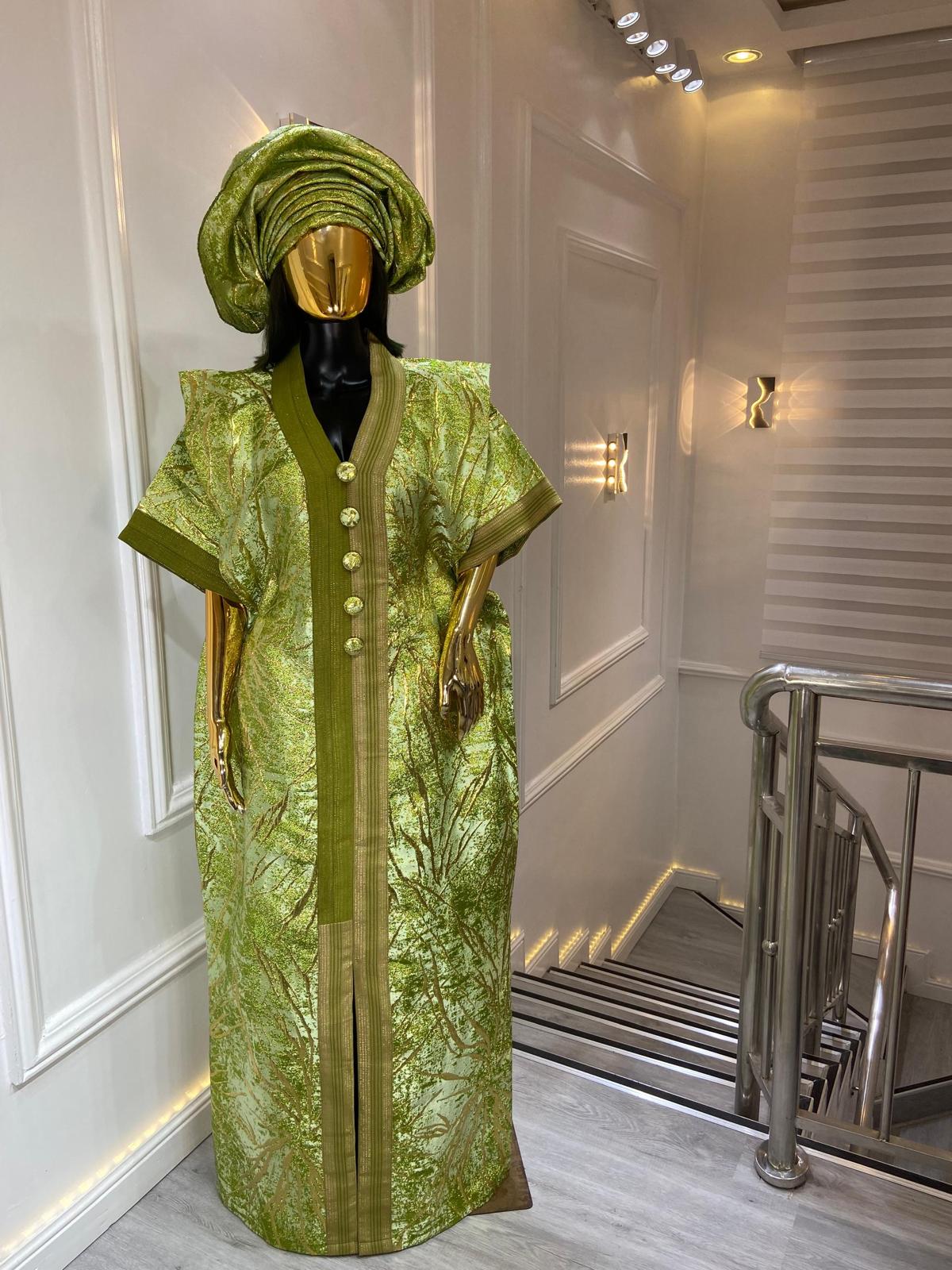 UMUNDE Briocade Damask Bubus – Luxury Olive Green & Metallic Gold Free Size African Bubu Kaftan Maxi Dress with Button Detail