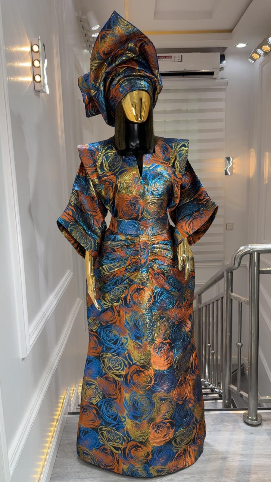 UMUNDE Briocade Damask Bubus – Luxury Royal Blue, Burnt Orange & Metallic Gold Rose Print Free Size African Bubu Kaftan Maxi Dress with Ruched Detail