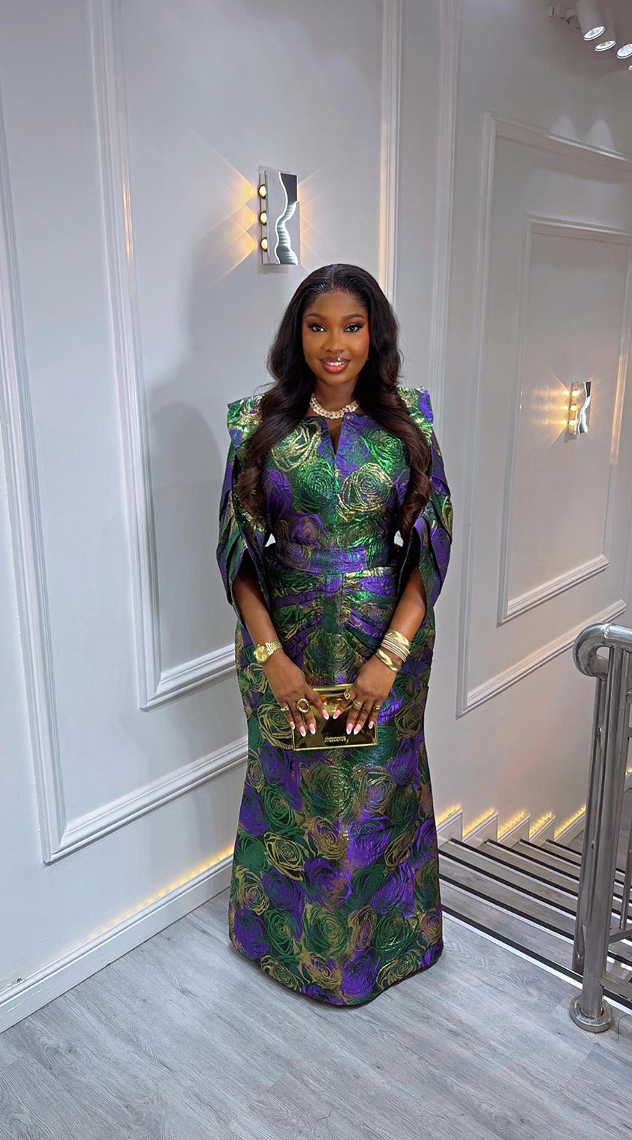 UMUNDE Briocade Damask Bubus – Luxury Emerald Green, Royal Purple & Metallic Gold Rose Print Free Size African Bubu Kaftan Maxi Dress with Ruched Detail