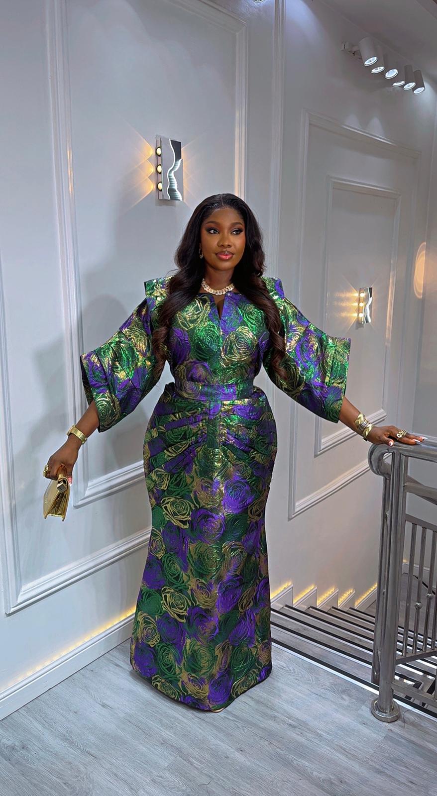 UMUNDE Briocade Damask Bubus – Luxury Emerald Green, Royal Purple & Metallic Gold Rose Print Free Size African Bubu Kaftan Maxi Dress with Ruched Detail