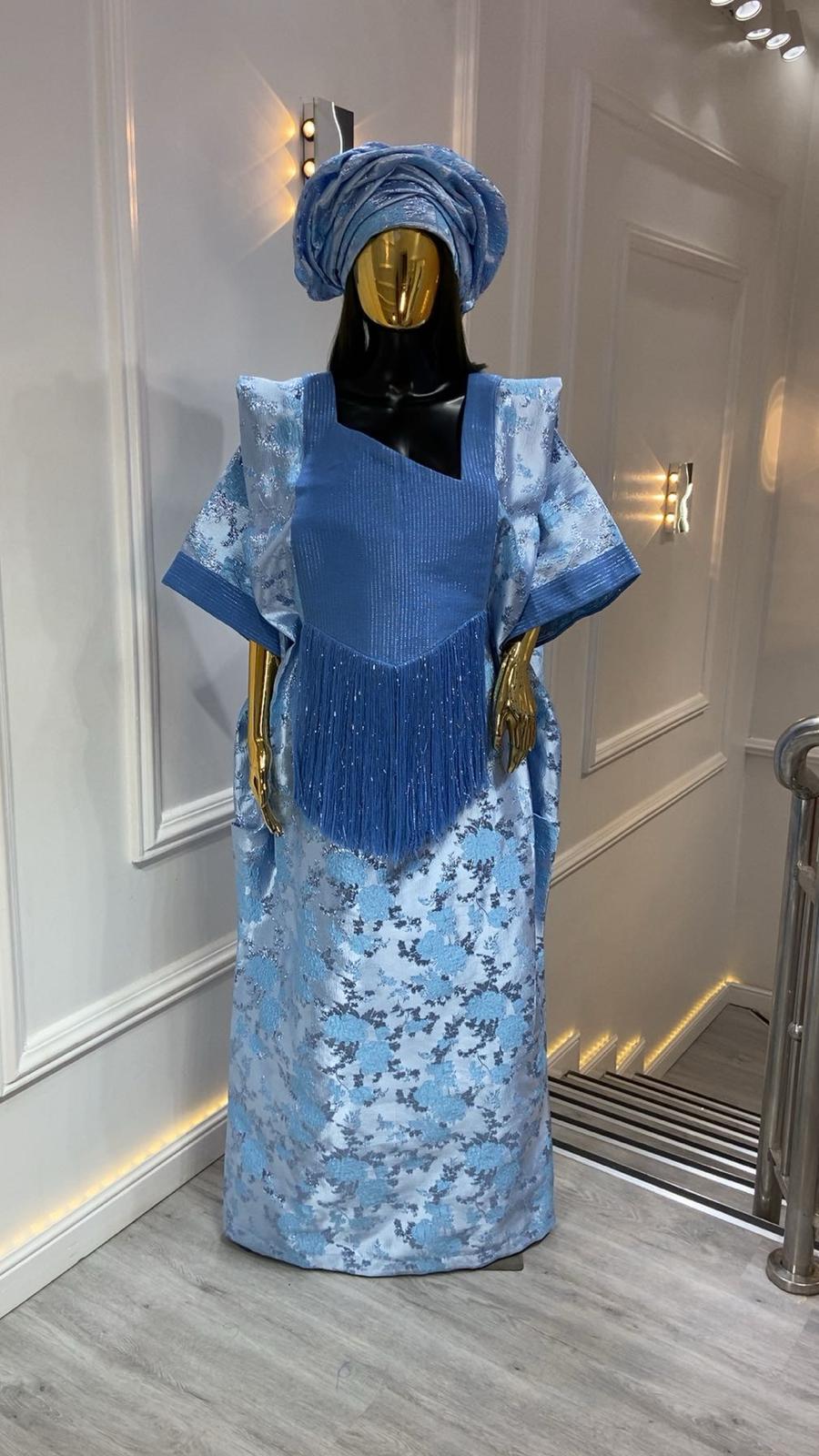 UMUNDE Briocade Damask Bubus – Luxury Powder Blue & Metallic Silver Floral Free Size African Bubu Kaftan Maxi Dress with Fringe Detail