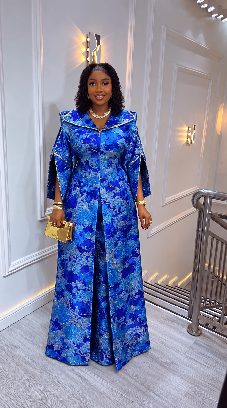 UMUNDE Brocade Damask Dress – Luxury Royal Blue, Cobalt & Silver Metallic Jacquard Size 14 African Maxi Dress with Structured Collar & Statement Sleeves