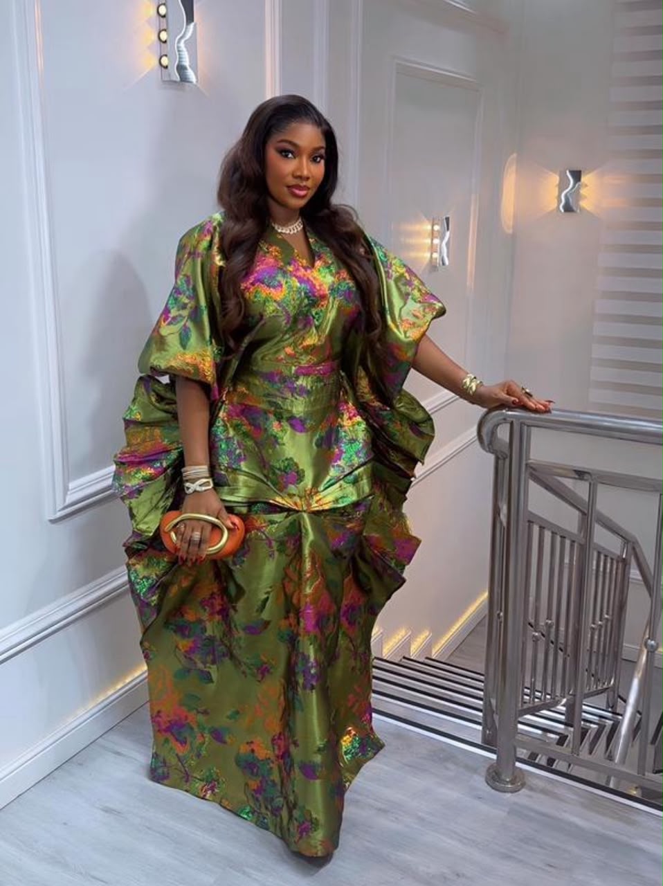 UMUNDE Floral Brocade Dress – Luxury Olive Green, Pink, Purple & Gold Metallic Jacquard African Maxi Dress with Sculpted Ruffle Detail & Statement Sleeves