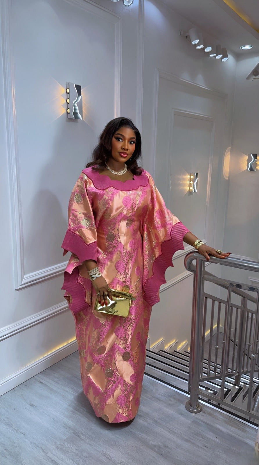UMUNDE Metallic Brocade Dress – Luxury Blush Pink, Fuchsia & Gold Jacquard African Maxi Dress with Scalloped Collar & Statement Sleeves