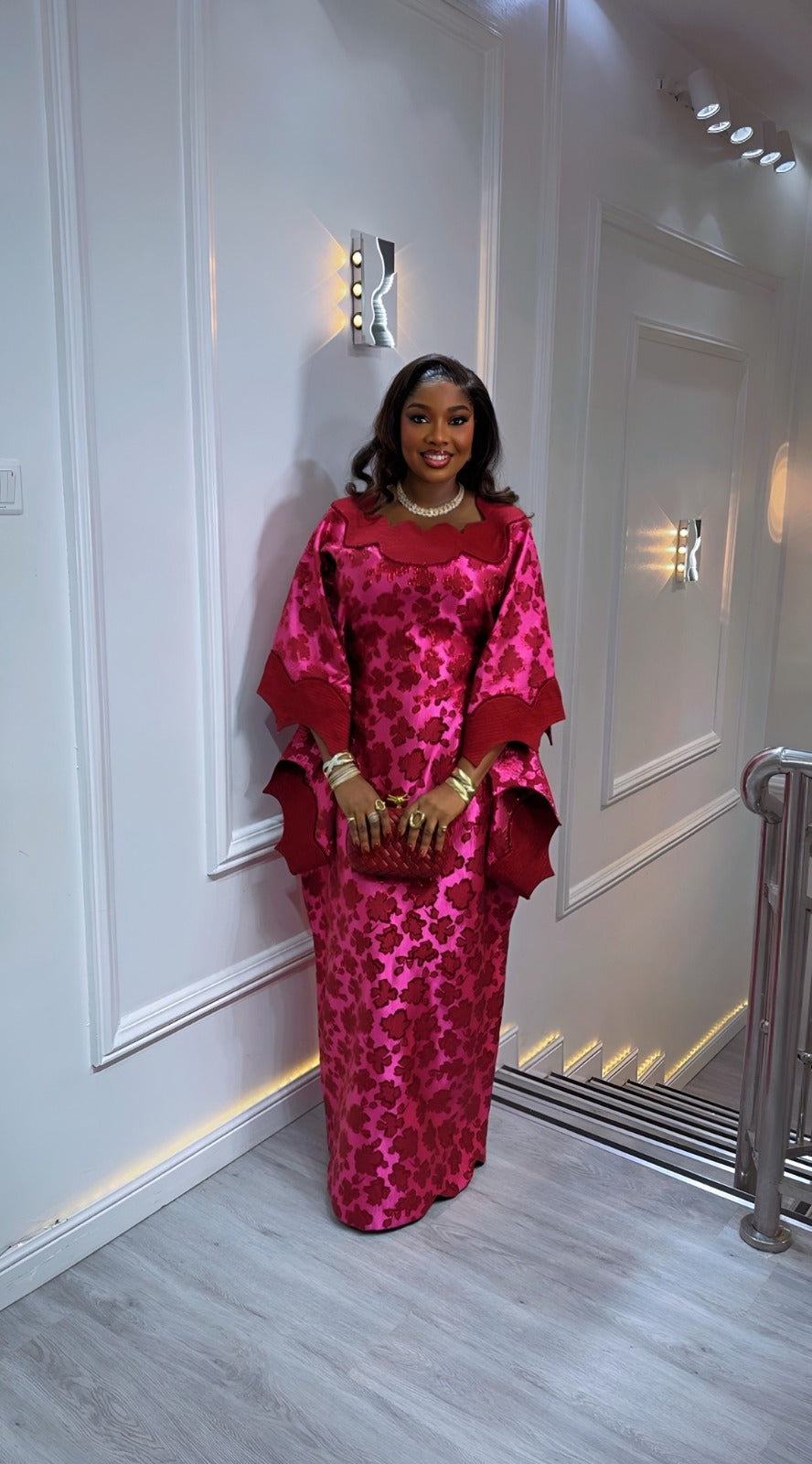 UMUNDE Floral Brocade Dress – Luxury Fuchsia Pink & Burgundy Metallic Jacquard African Maxi Dress with Scalloped Collar & Statement Sleeves