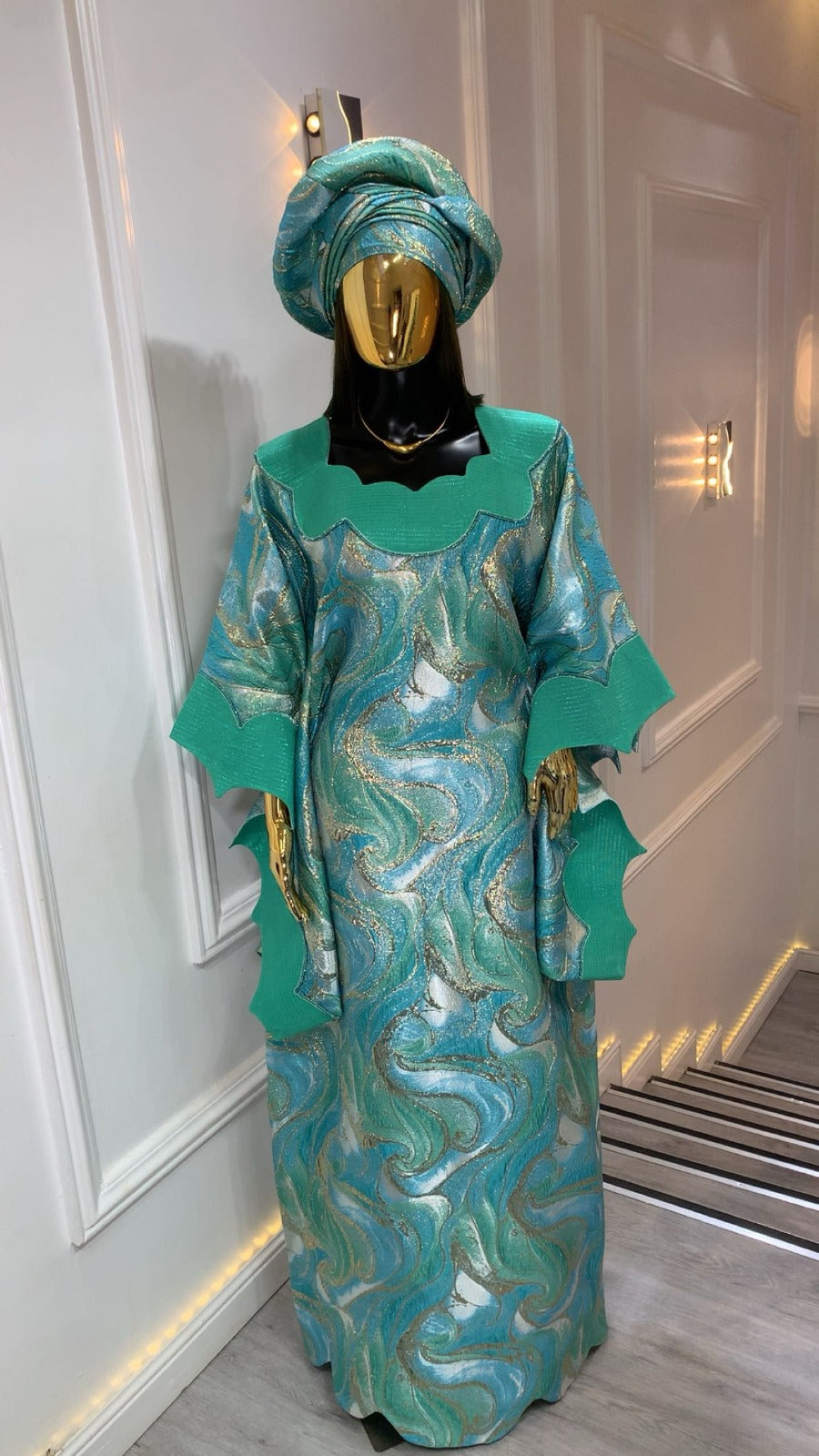 UMUNDE Metallic Brocade Dress – Luxury Turquoise, Aqua, Silver & Gold Jacquard African Maxi Dress with Scalloped Collar & Statement Sleeves
