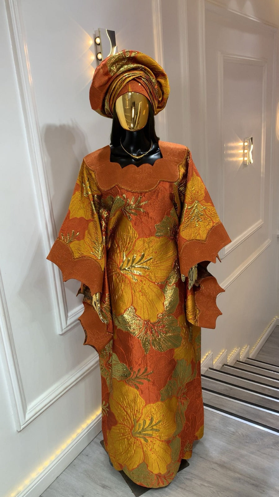 UMUNDE Floral Brocade Dress – Luxury Burnt Orange, Mustard Gold & Olive Metallic Jacquard African Maxi Dress with Scalloped Collar & Statement Sleeves