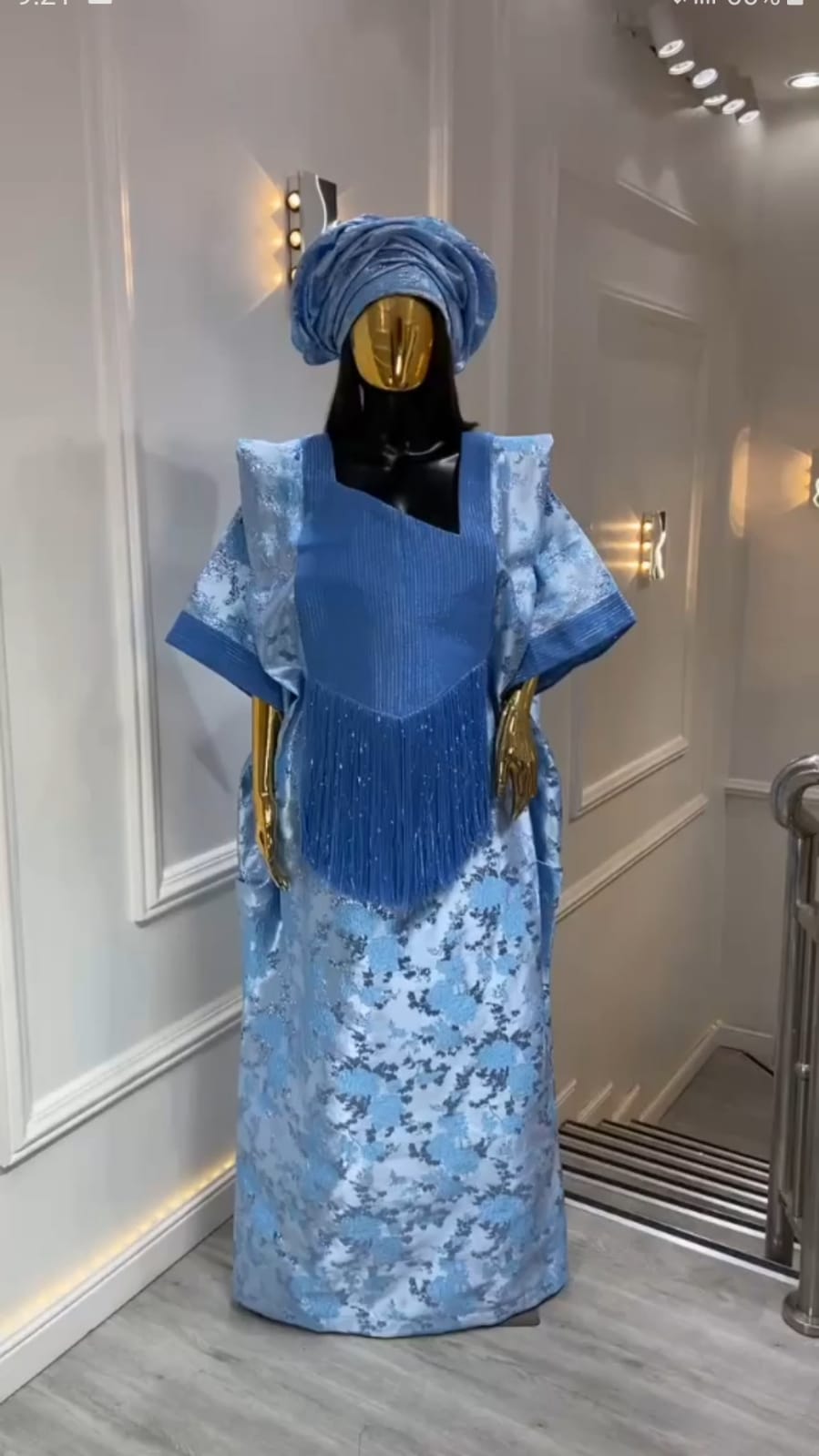 UMUNDE Brocade Damask Bubu – Luxury Ice Blue & Royal Blue Metallic Jacquard Free Size African Bubu Kaftan Maxi Dress with Fringe Detail & Matching Headwrap