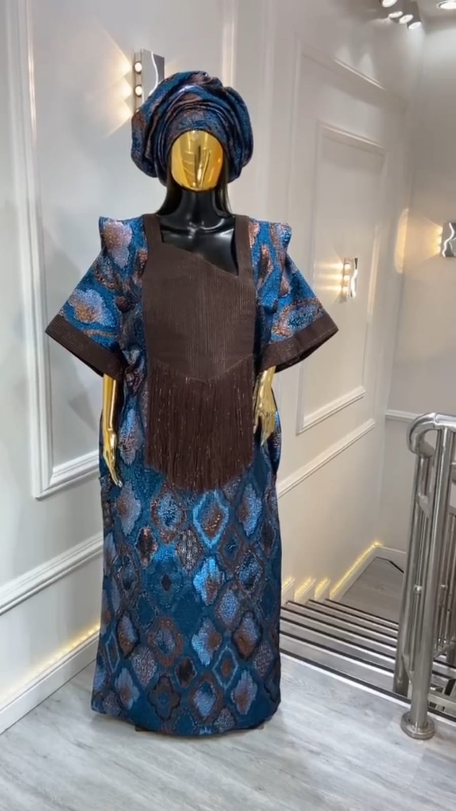 UMUNDE Brocade Damask Bubu – Luxury Teal Blue & Chocolate Brown Metallic Jacquard Free Size African Bubu Kaftan Maxi Dress with Fringe Detail & Matching Headwrap
