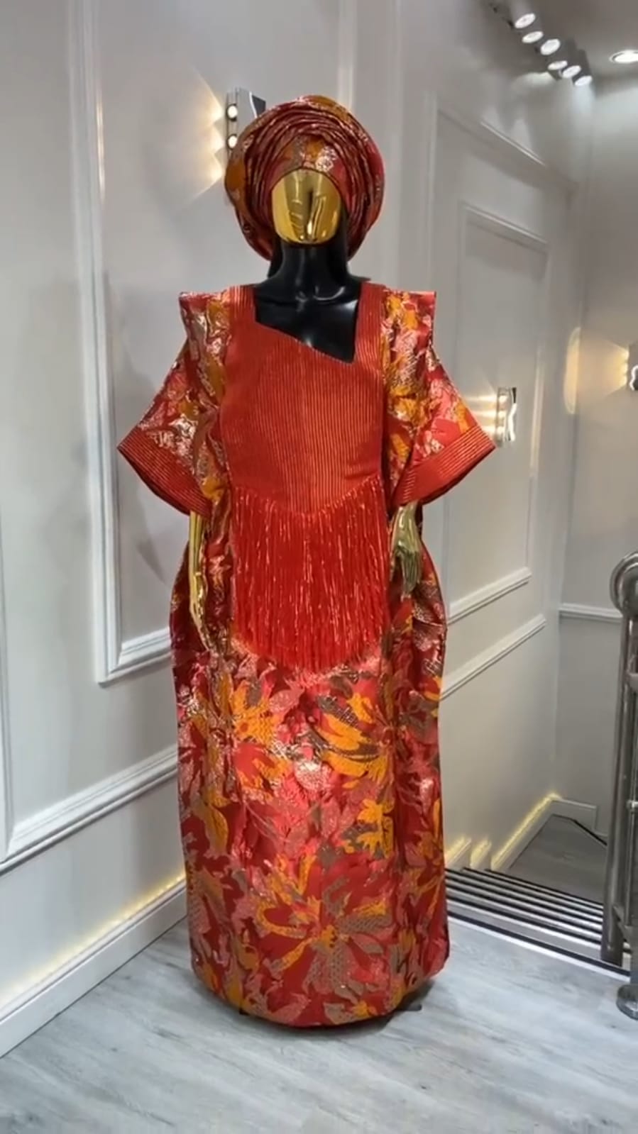 UMUNDE Brocade Damask Bubu – Luxury Burnt Orange, Rust Red & Gold Metallic Jacquard Free Size African Bubu Kaftan Maxi Dress with Fringe Detail & Matching Headwrap