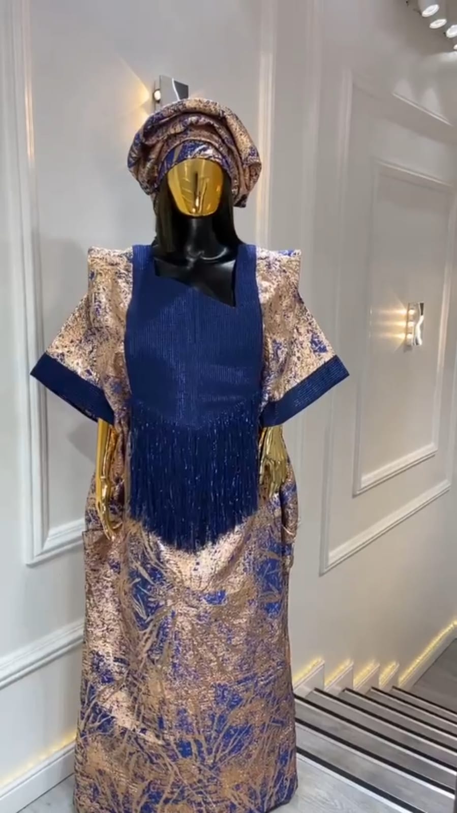 UMUNDE Brocade Damask Bubu – Luxury Navy Blue & Champagne Gold Metallic Jacquard Free Size African Bubu Kaftan Maxi Dress with Fringe Detail & Matching Headwrap