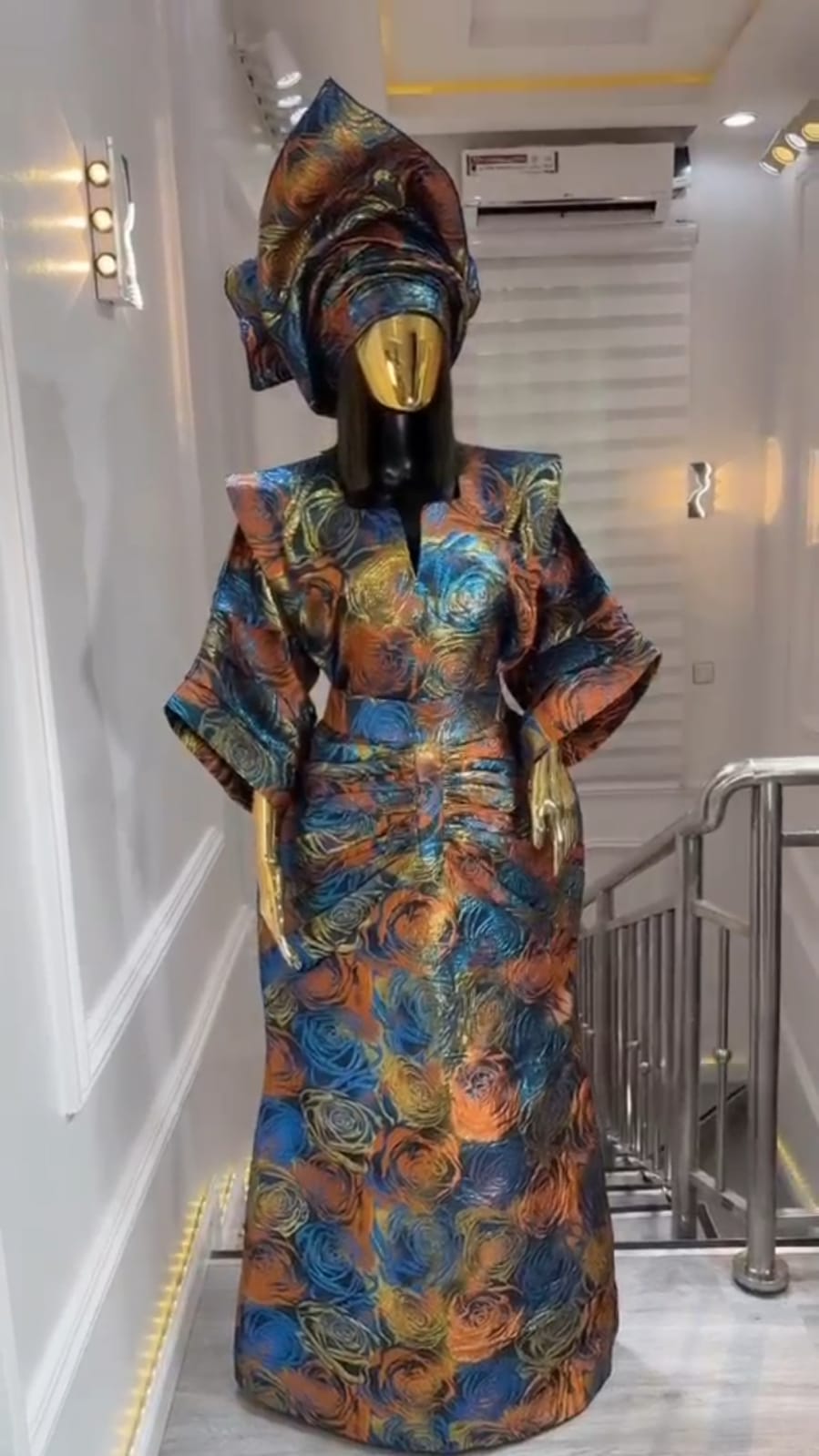 UMUNDE Brocade Damask Dress – Luxury Blue Orange & Gold Rose Floral Jacquard Structured Shoulder African Maxi Dress with Matching Headwrap