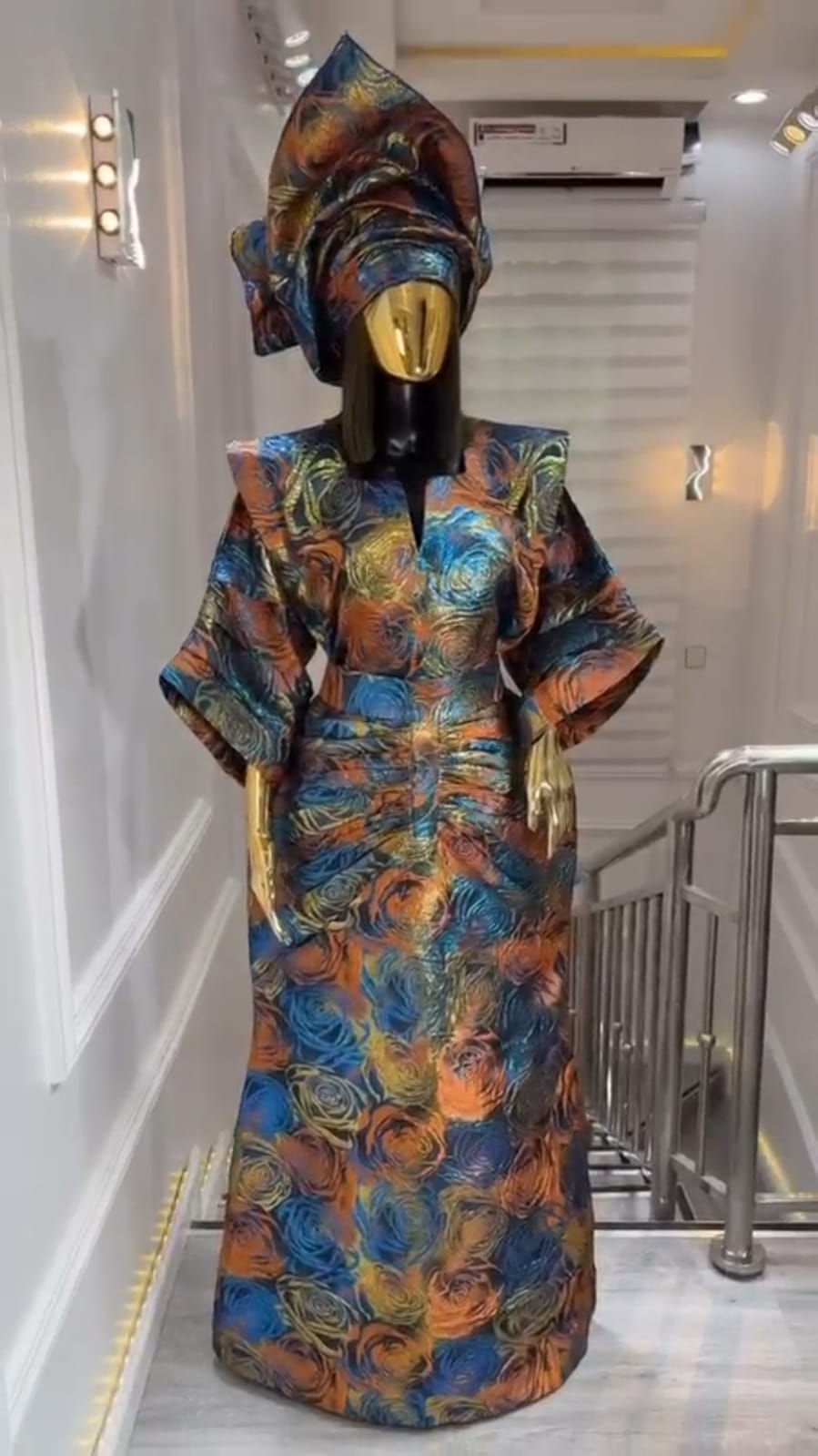 UMUNDE Brocade Damask Dress – Luxury Blue Orange & Gold Rose Floral Jacquard Structured Shoulder African Maxi Dress with Matching Headwrap