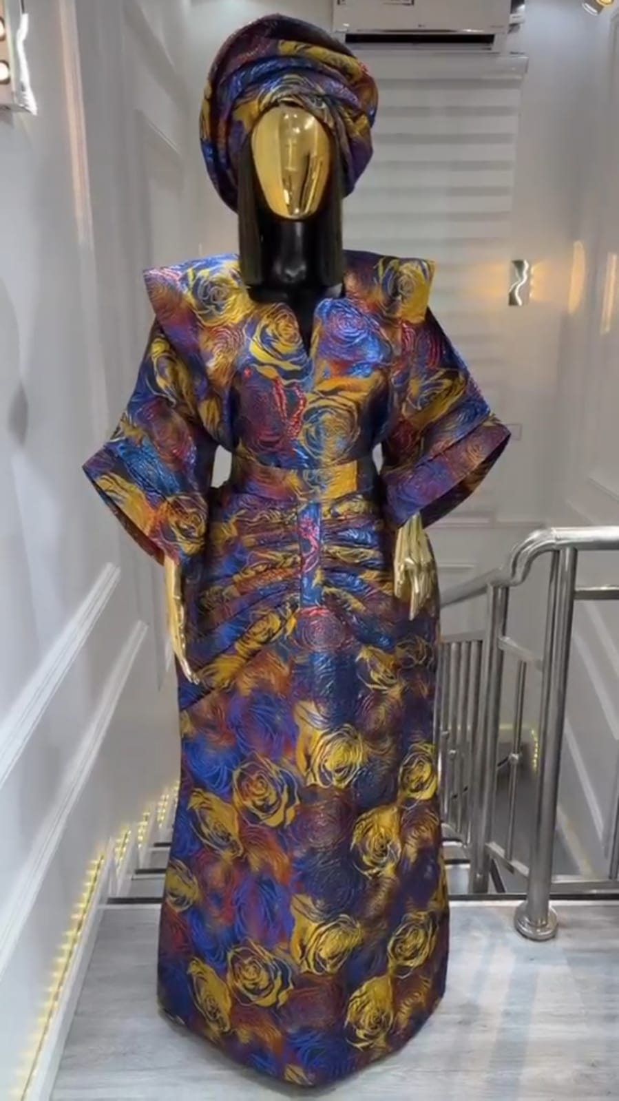 UMUNDE Brocade Damask Dress – Luxury Multicolor Rose Floral Jacquard Structured Shoulder African Maxi Dress with Matching Headwrap