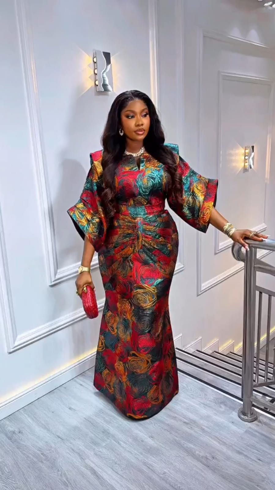 UMUNDE Brocade Damask Dress – Luxury Red Teal & Gold Rose Floral Jacquard Structured Shoulder African Fitted Maxi Dress with Statement Sleeves